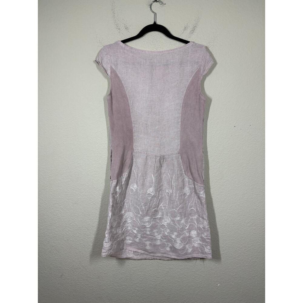 Womens Size Small Mini Sheath Dress Lavender Linen Embroidered Hem Italy - Picture 3 of 9